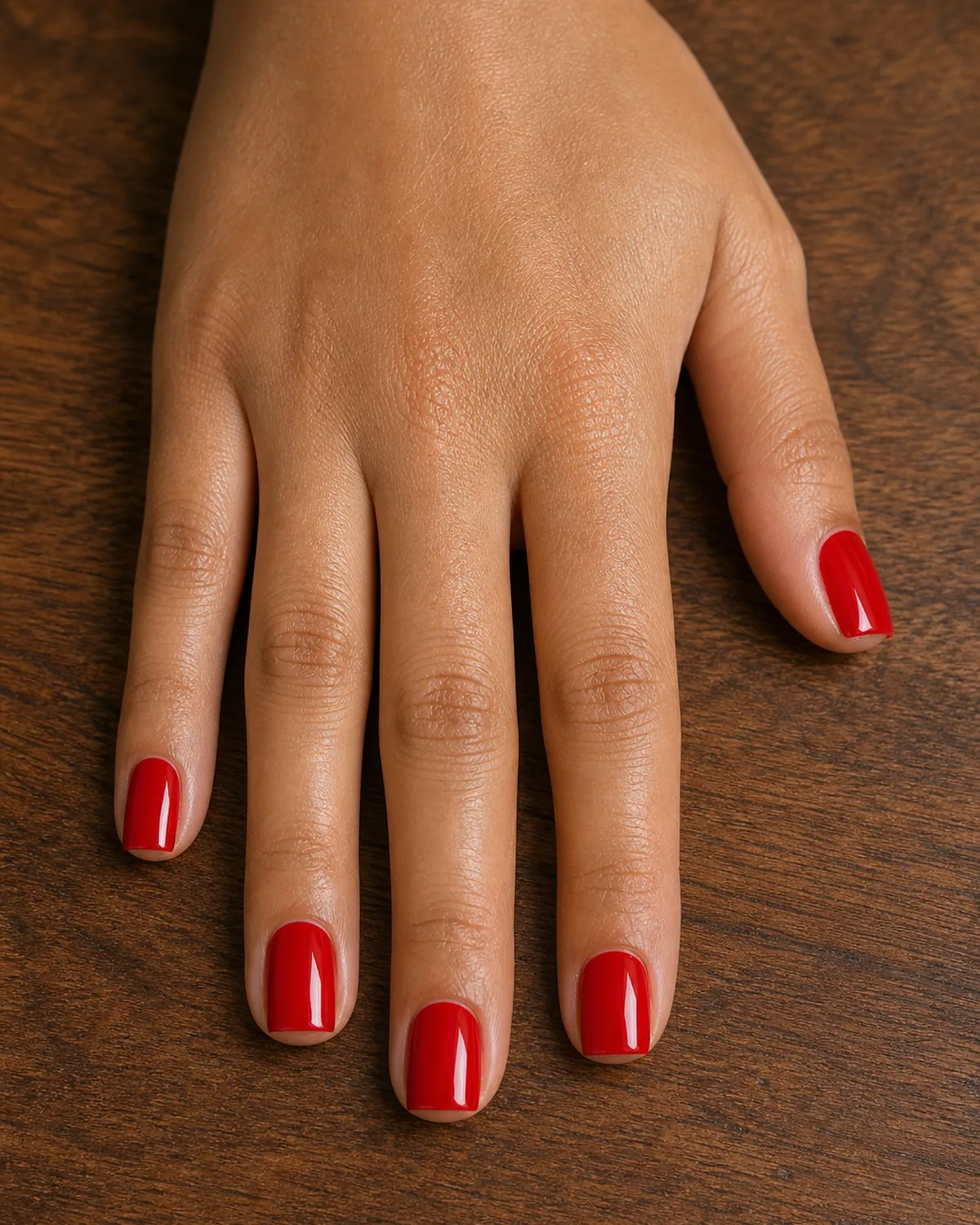 Close-up of short square nails in glossy classic red polish covering the entire nail with both side walls perfectly straight and parallel, free edge flat horizontal and tip corners sharp at 90 degrees, on tan skin with fingers fully extended flat top-down on warm walnut wood