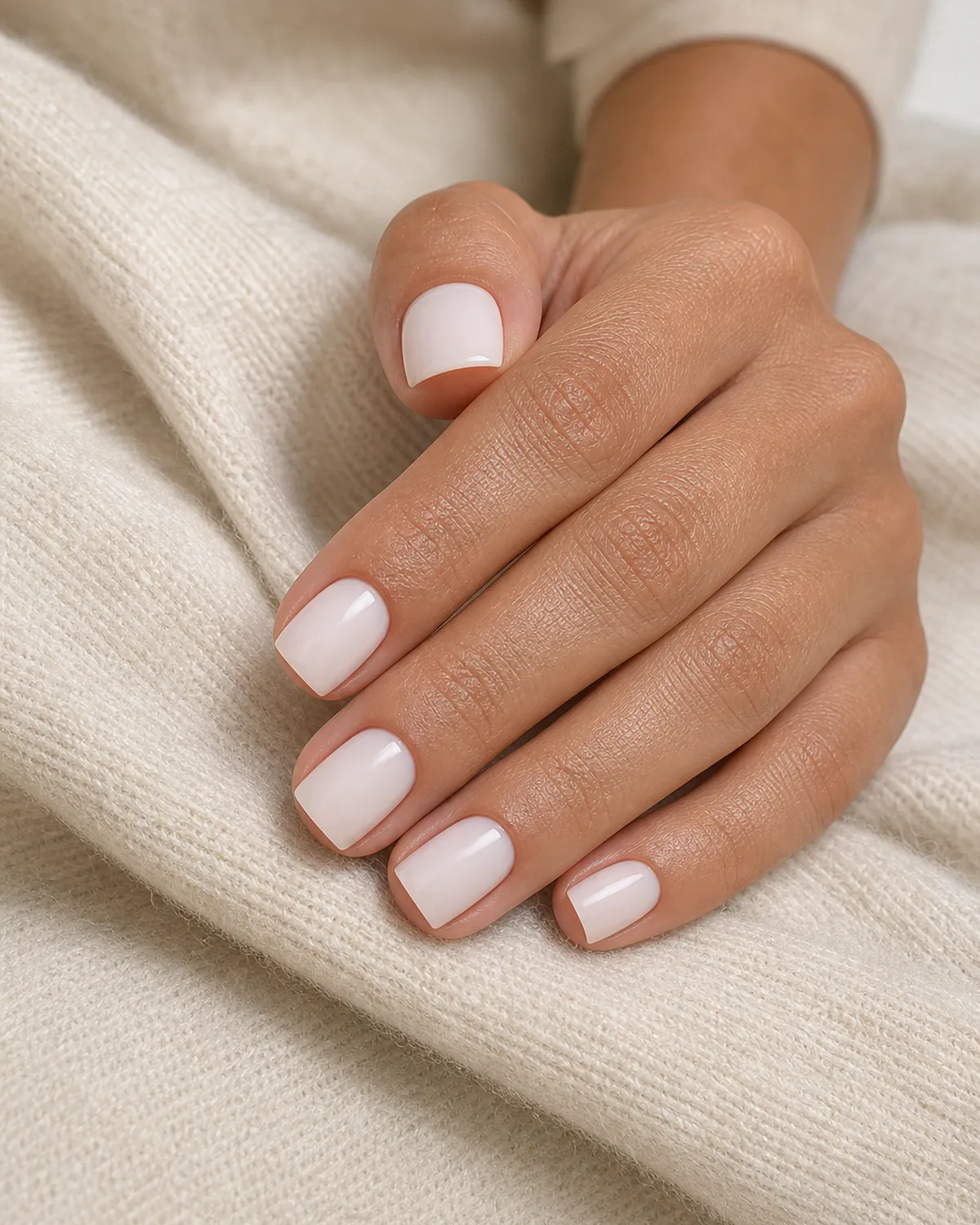 Close-up of short square nails in soft milky white cream polish covering the entire nail with both side walls perfectly straight and parallel, free edge flat horizontal and tip corners sharp at 90 degrees, on medium skin with hand leaning on its side and fingers softly stacked on ivory cashmere