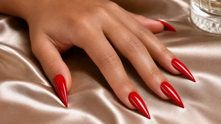 A hero close-up of medium-long glossy classic-red stiletto nails with both side walls filed inward in a dramatic steep taper and the free edge converging into a single sharp acute talon point, on medium skin resting on champagne silk under soft daylight