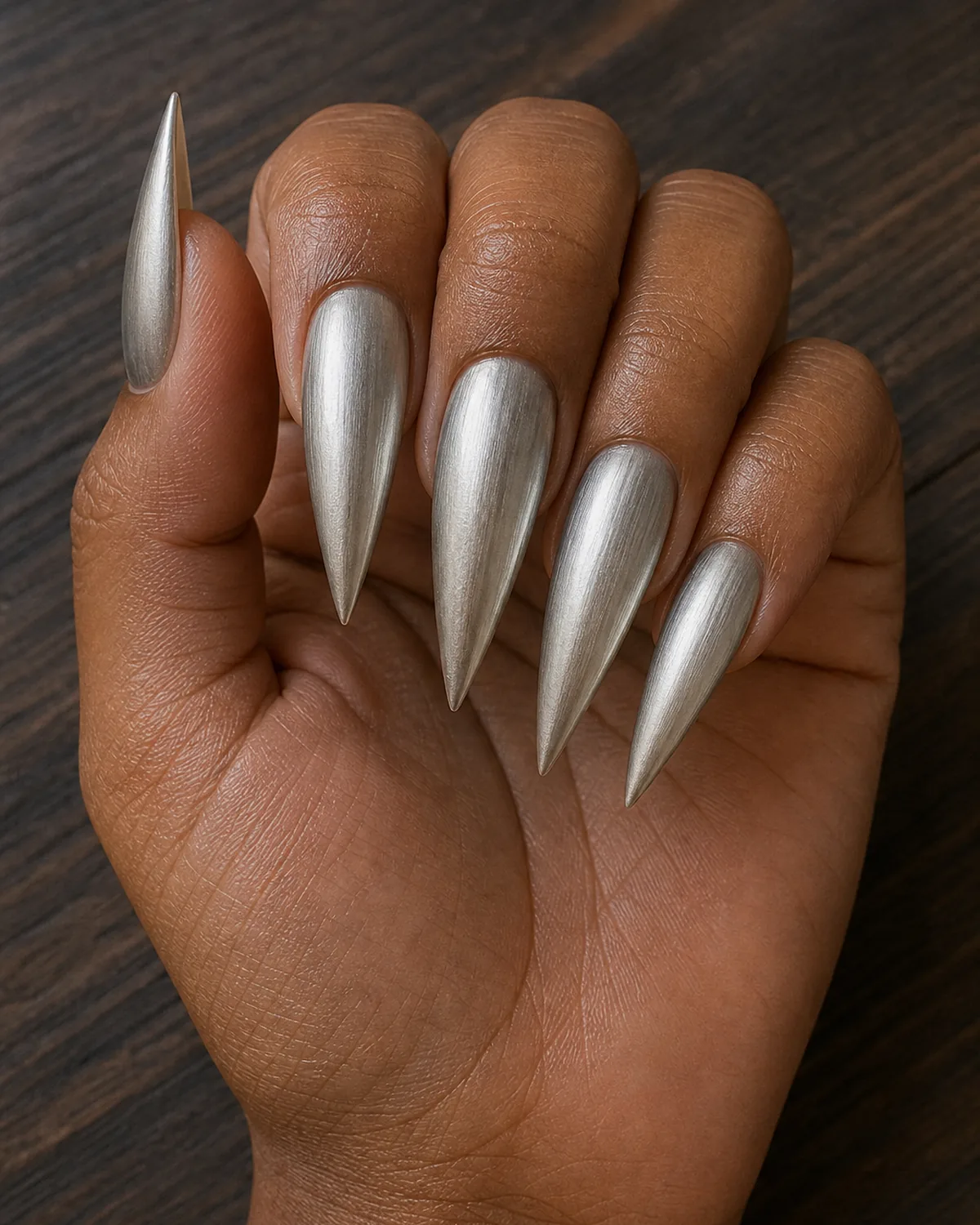 Close-up of long stiletto nails in burnished metallic silver finish covering the entire nail with both side walls filed inward in a dramatic steep taper converging at the tip into a single sharp acute talon point, on medium-deep skin with fingertips pointing toward the camera in soft foreshortening on dark walnut wood