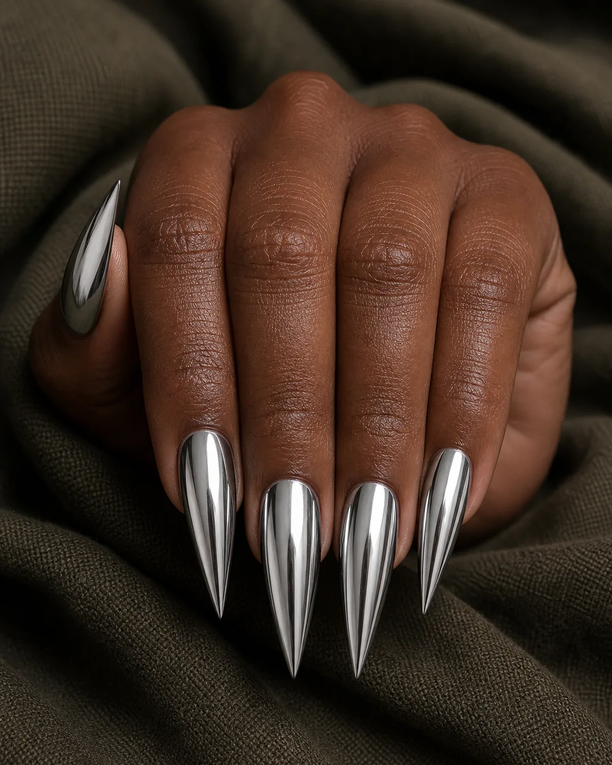 Close-up of long stiletto nails in chrome silver mirror finish covering the entire nail with both side walls filed inward in a dramatic steep taper converging at the tip into a single sharp acute talon point, on deep skin with fist knuckles up and fingers curled tight on dark mossy linen
