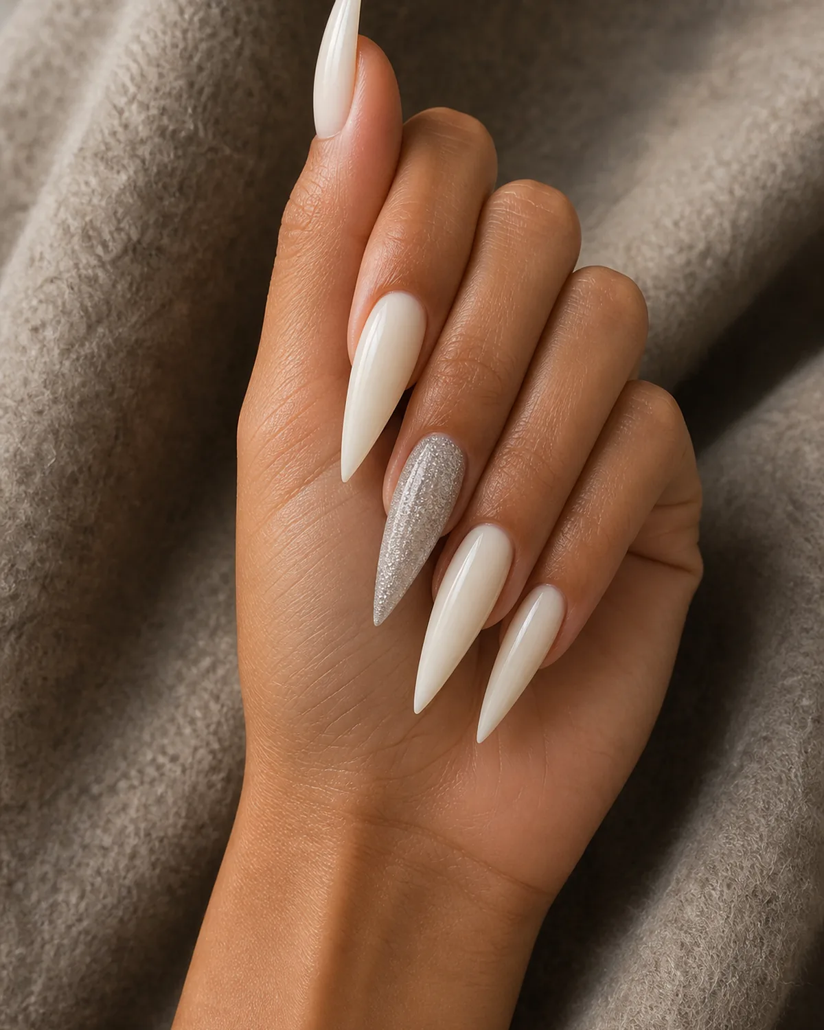 Close-up of long stiletto nails with four nails in soft milky cream and one off-center ring-finger nail in a dense fine silver sparkle lacquer, both side walls filed inward in a dramatic steep taper converging at the tip into a single sharp acute talon point, on medium skin with hand held vertically and fingers pointing up in a side view on soft taupe wool