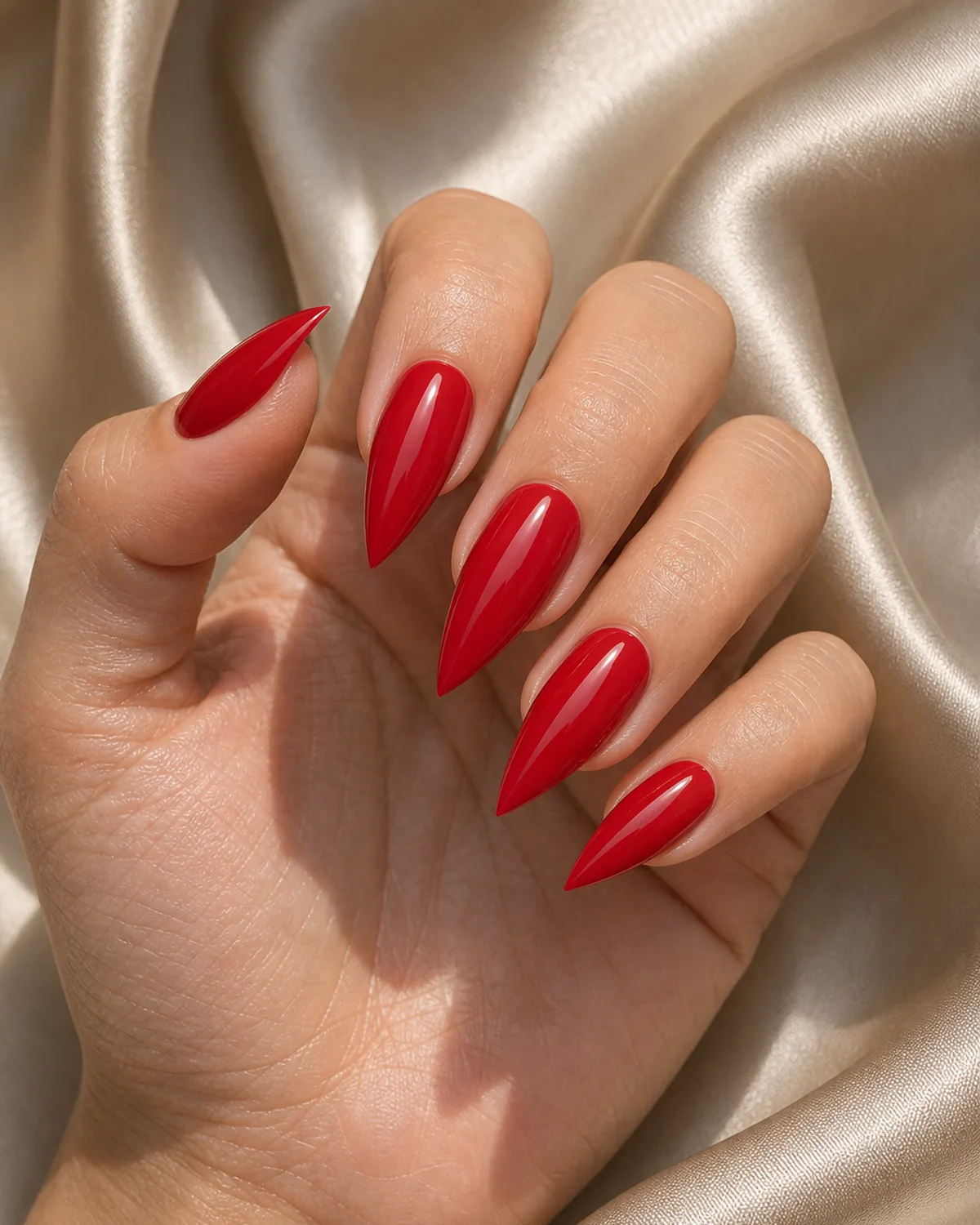 Close-up of medium stiletto nails in glossy cherry red polish covering the entire nail with both side walls filed inward in a dramatic steep taper converging at the tip into a single sharp acute talon point, on light-medium skin with hand cupped softly palm-up on champagne silk