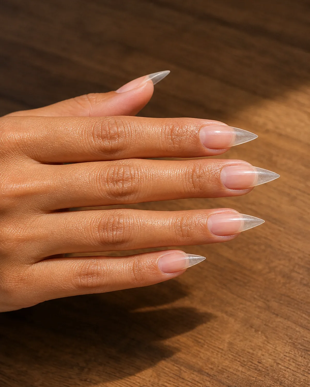 Close-up of medium stiletto nails in clear natural polish covering the entire nail with both side walls filed inward in a dramatic steep taper converging at the tip into a single sharp acute talon point shown from the side profile angle, on tan skin with fingers extended straight out in a side-profile view on warm walnut wood