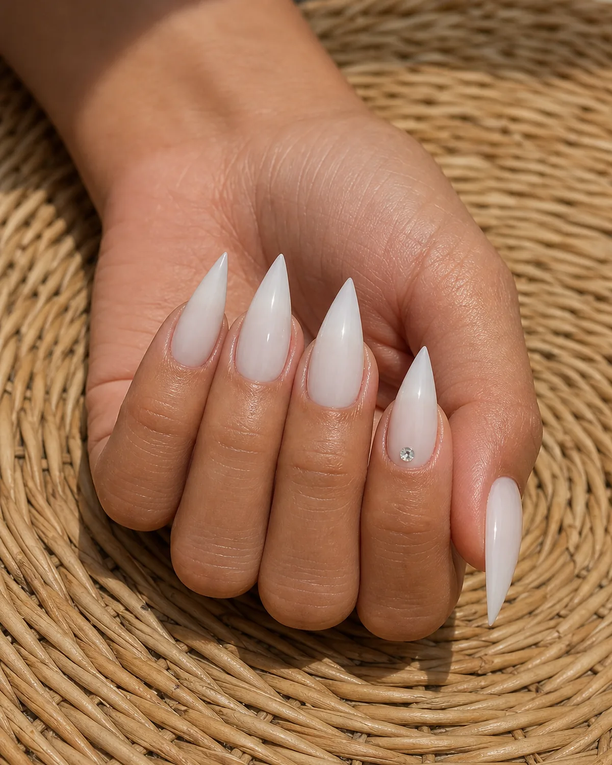 Close-up of medium stiletto nails with four nails in soft milky white and one accent nail wearing the same milky white bed with a single small round crystal stud set near the cuticle, both side walls filed inward in a dramatic steep taper converging at the tip into a single sharp acute talon point, on tan skin with hand resting on a soft fist with fingers loose on natural rattan