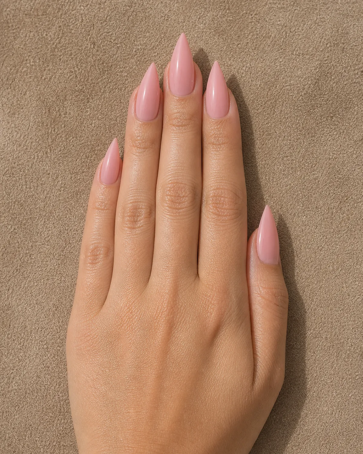 Close-up of medium stiletto nails in glossy soft pink polish covering the entire nail with both side walls filed inward in a dramatic steep taper converging at the tip into a single sharp acute talon point, on light-medium skin with hand flat and fingers pressed tightly together on warm beige suede