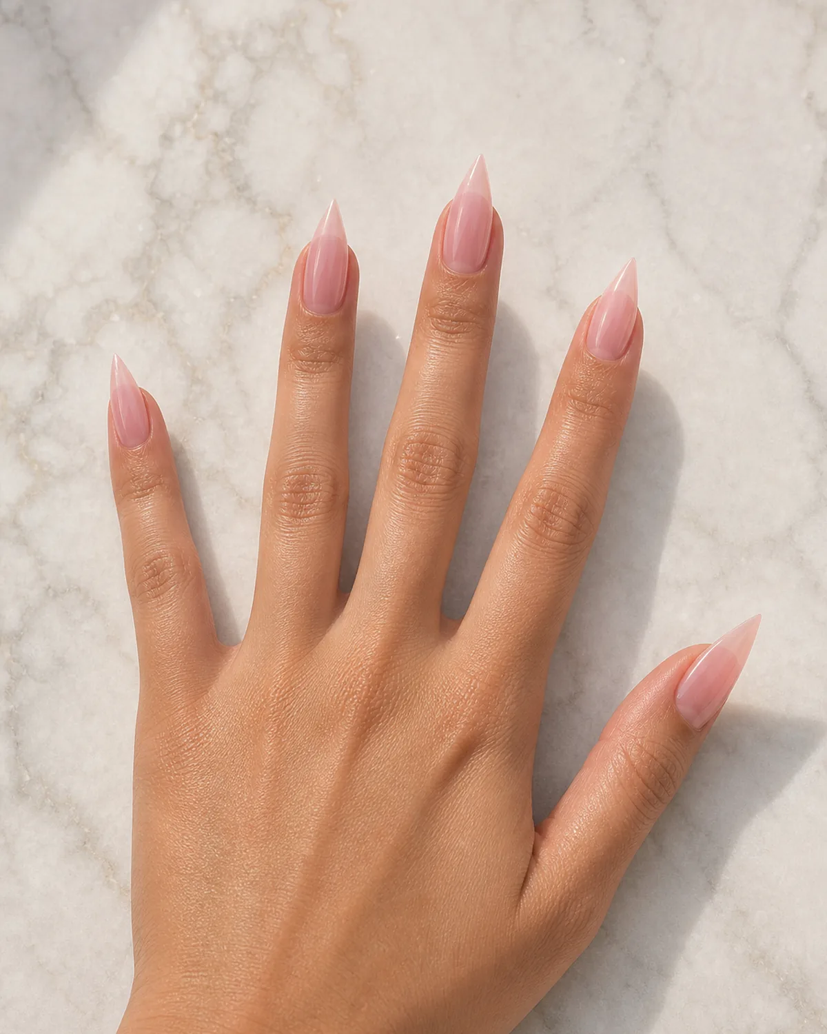 Close-up of medium stiletto nails in a sheer pink wash polish covering the entire nail in a translucent veil with both side walls filed inward in a dramatic steep taper converging at the tip into a single sharp acute talon point, on medium skin with fingers spread wide flat top-down on pale marble