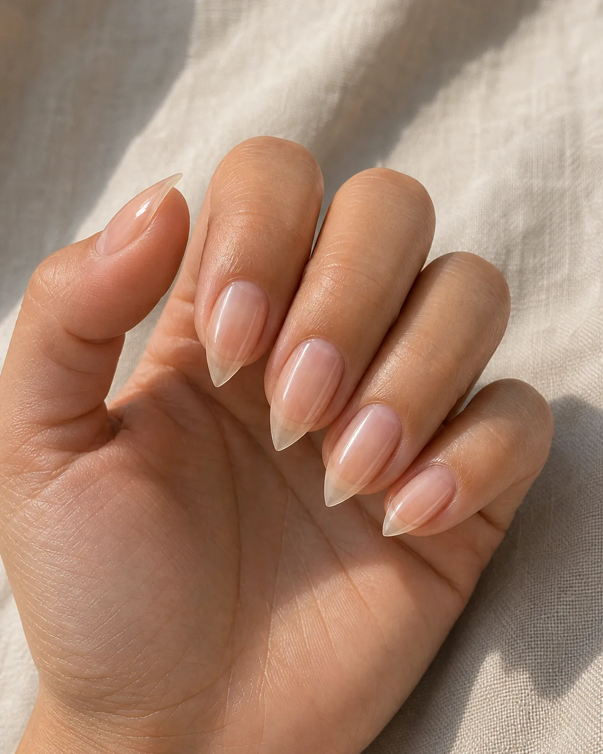 Close-up of short stiletto nails in clear natural polish covering the entire nail with both side walls filed inward in a steep taper converging at the tip into a single sharp acute talon point, on light-medium skin with fingertips curled gently downward on pale oat linen
