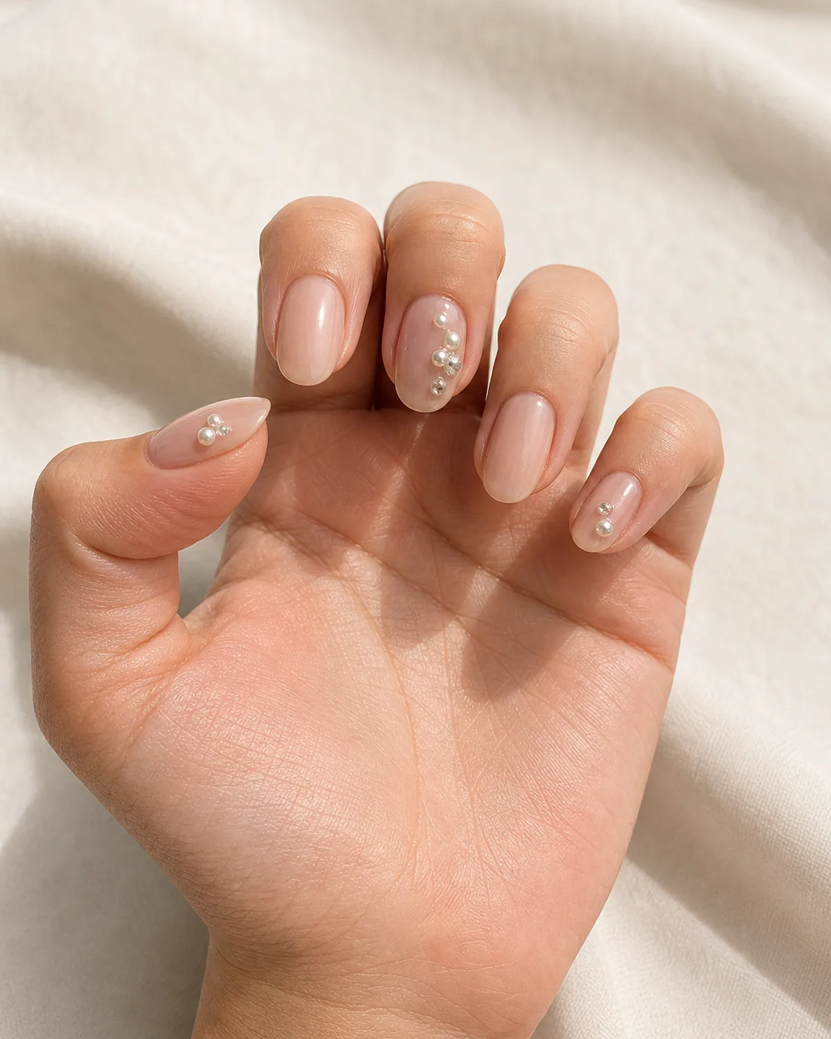 Close-up of medium oval nails with a soft nude base and raised pearl and gem embellishments on only three nails in an uneven distribution, on light-medium skin palm-up