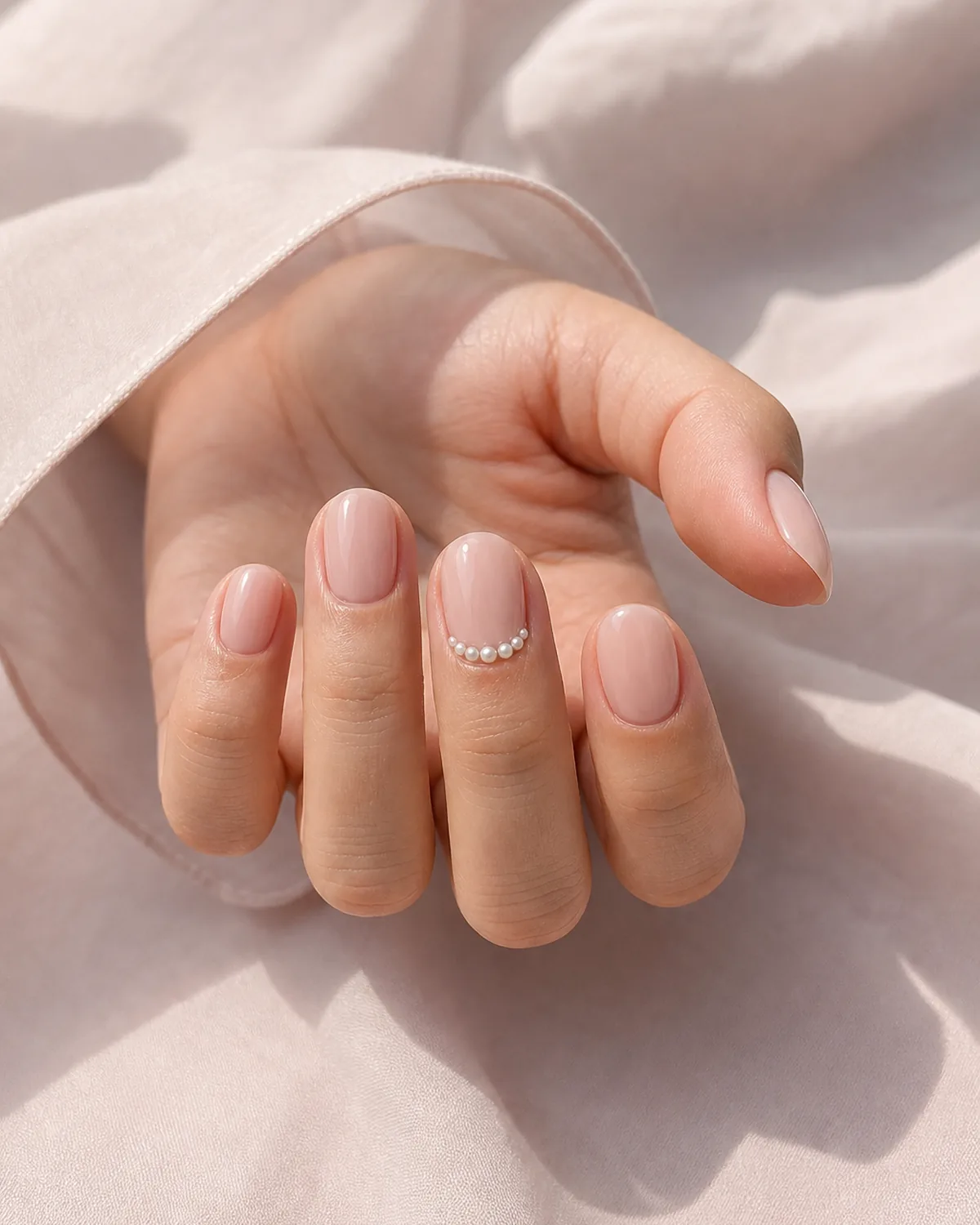 Close-up of medium round nails with a soft blush base and a row of tiny raised pearls following the cuticle curve, on light-medium skin reaching forward