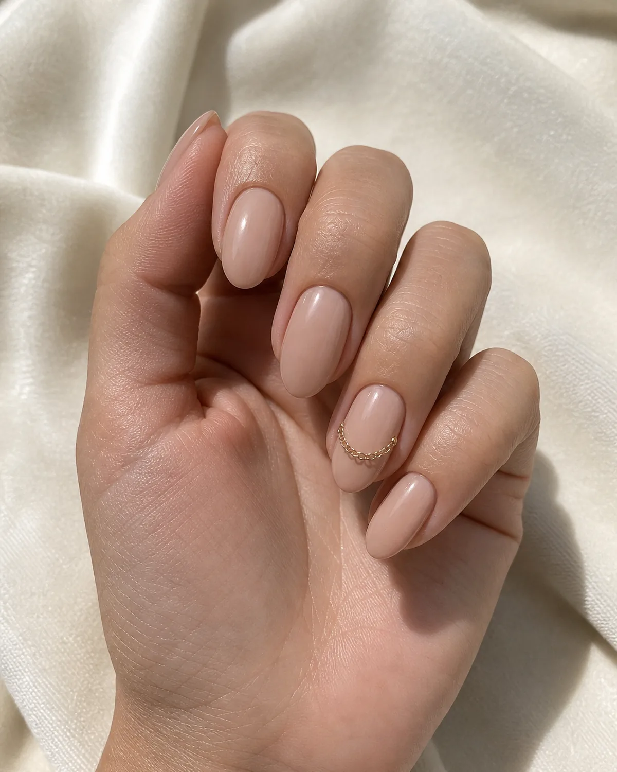 Close-up of medium oval nails with a soft nude base and a fine metallic micro-chain draped loosely across one nail, on light-medium skin half-raised
