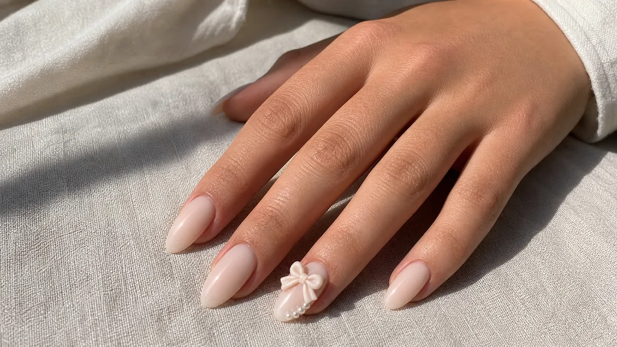 A hero close-up of medium almond nails with a milky nude base, one accent nail wearing a hand-sculpted acrylic bow and a small pearl cluster, on light-medium skin resting on pale linen