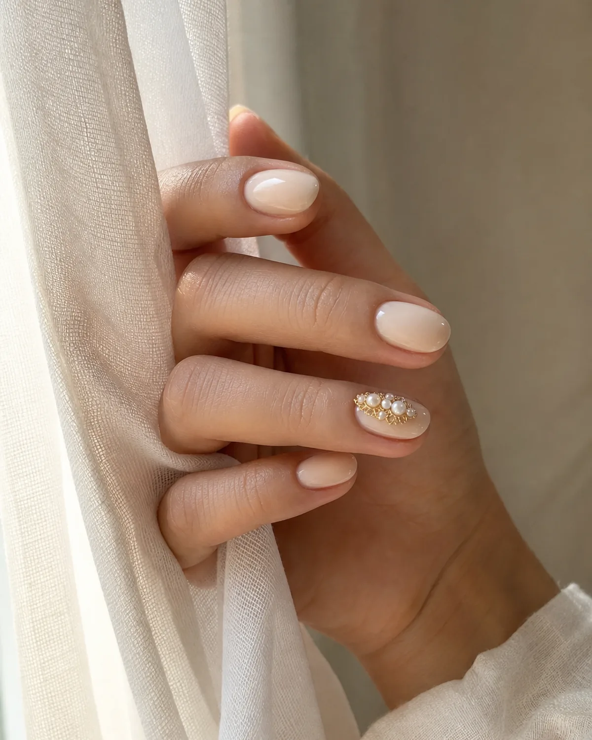 Close-up of medium round nails with an ivory milky base and two accent nails wearing several small layered raised pieces including tiny pearls and fine gold detailing, on light-medium skin holding a sheer curtain edge