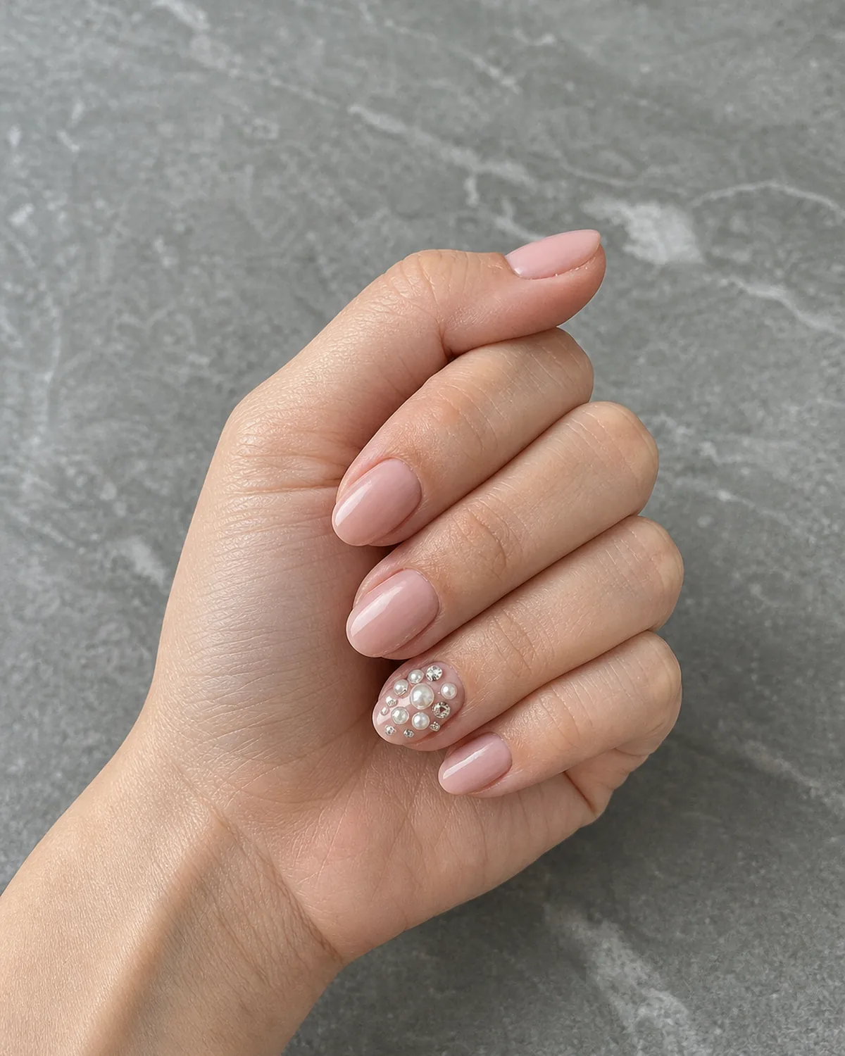 Close-up of short almond nails with a soft pink base and a mixed cluster of raised pearls and small gems, on light skin in a soft fist