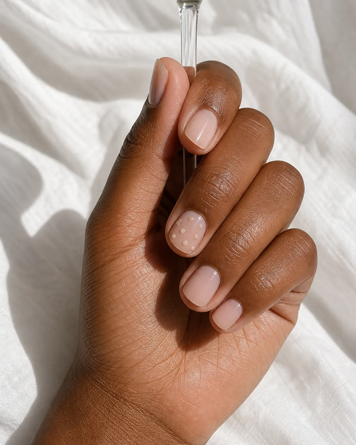 Close-up of short square nails with a sheer wash base and several small raised gel dots scattered across one nail, on medium-dark skin holding a small glass stem