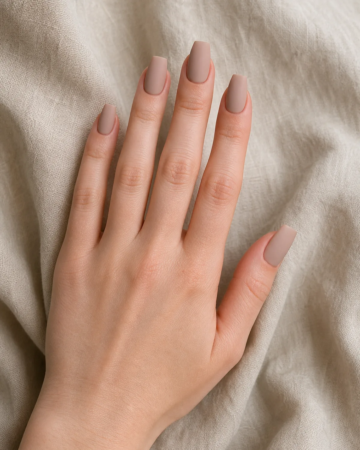 Short coffin acrylic nails in warm matte nude on cream linen surface