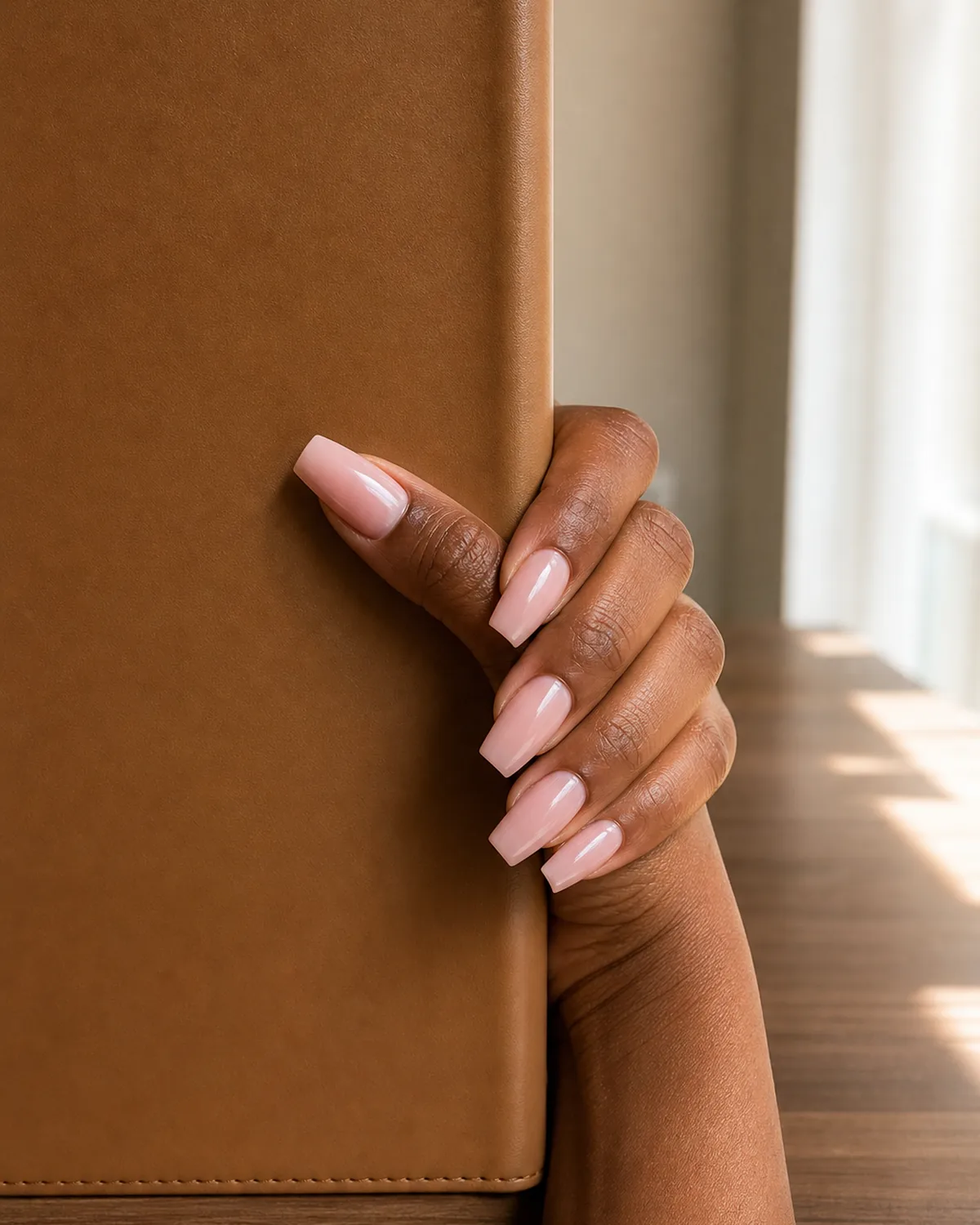Short-medium coffin acrylic nails in glossy sheer pink while holding leather planner