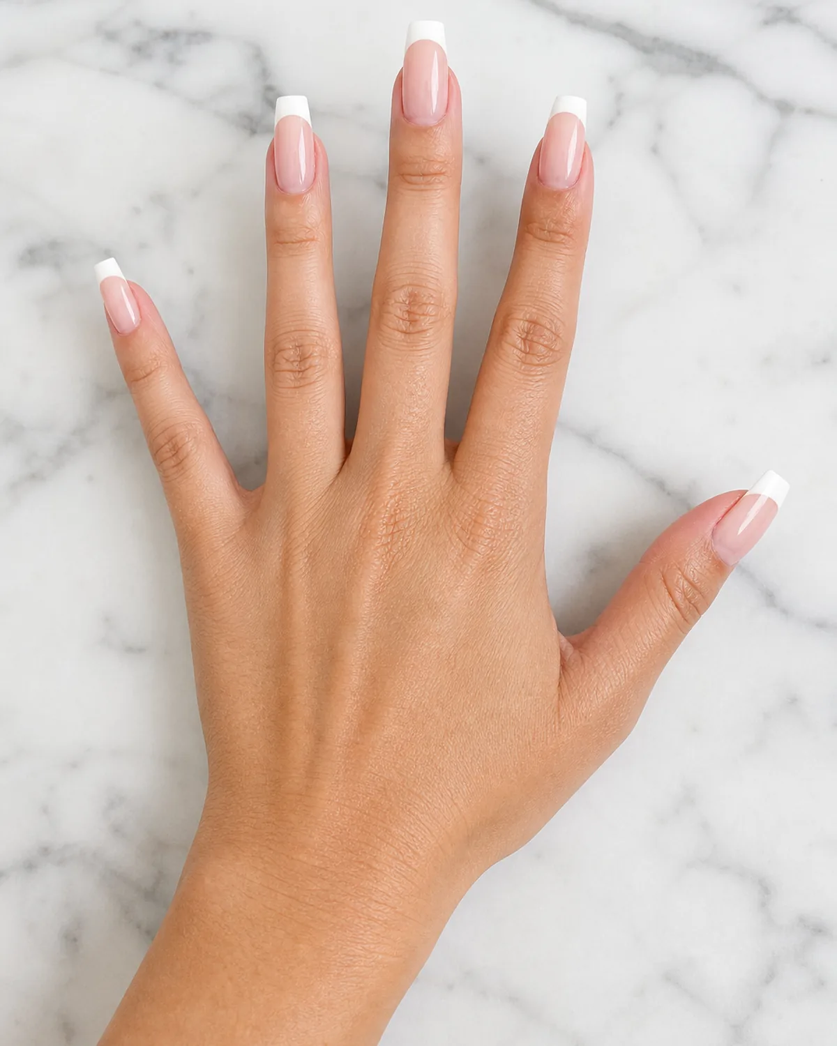 Medium coffin acrylic nails with crisp white French tip on white marble surface