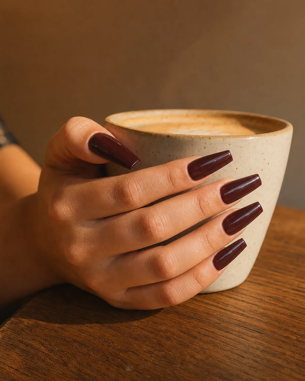 Long coffin acrylic nails in deep burgundy cradling a cream ceramic coffee cup