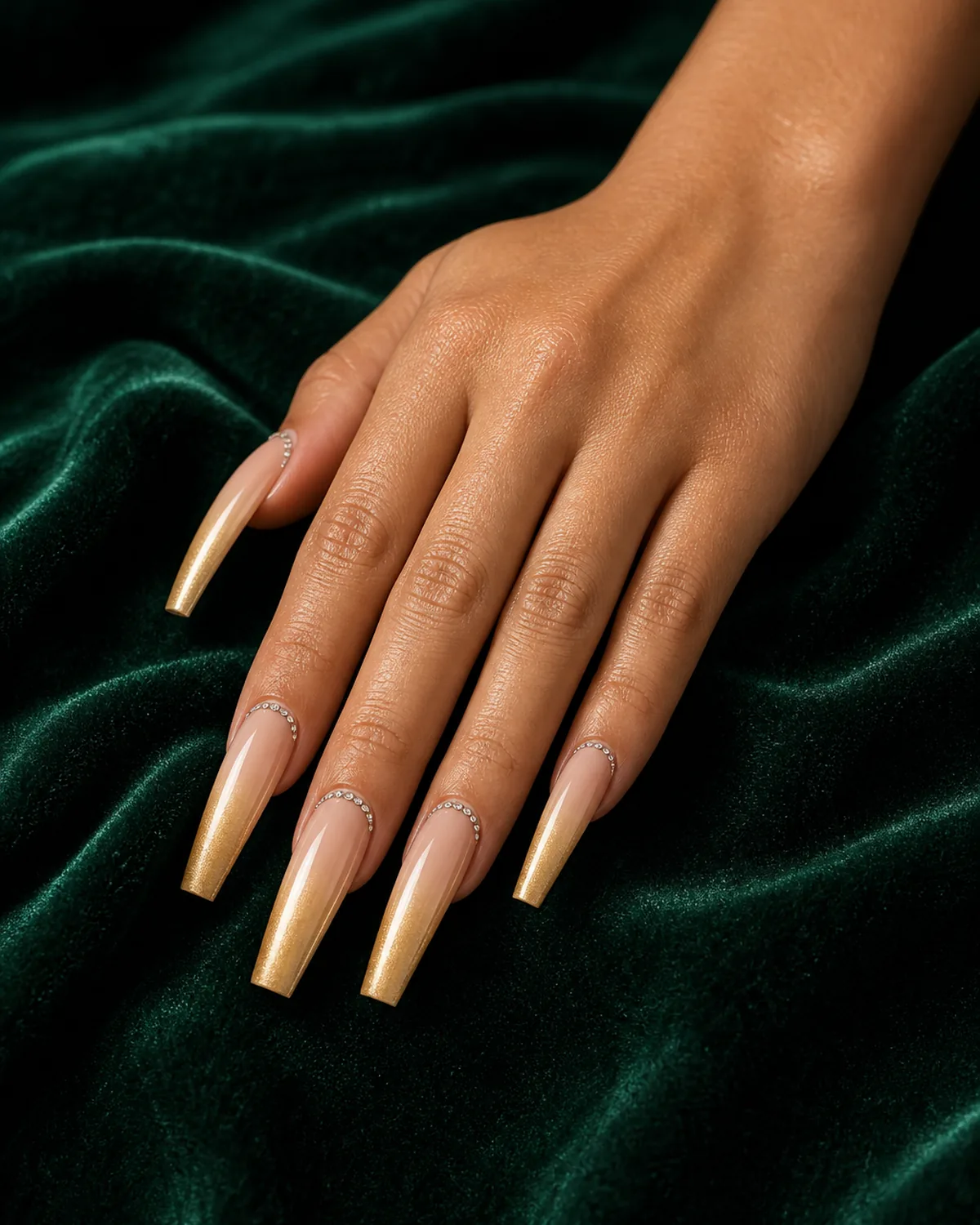 Extra-long coffin acrylic nails in nude-to-gold ombré with micro crystals on emerald velvet