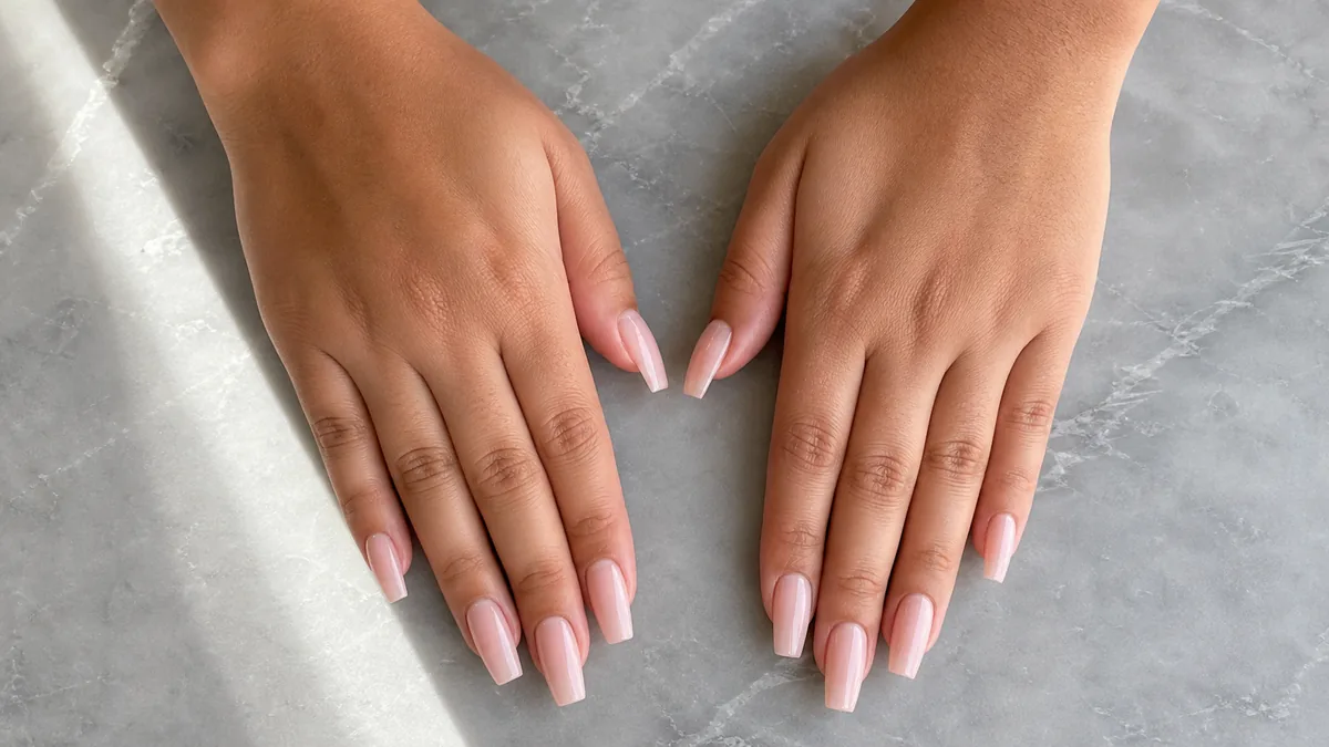 Both hands on grey marble displaying medium coffin acrylic nails in sheer nude-pink with glossy finish