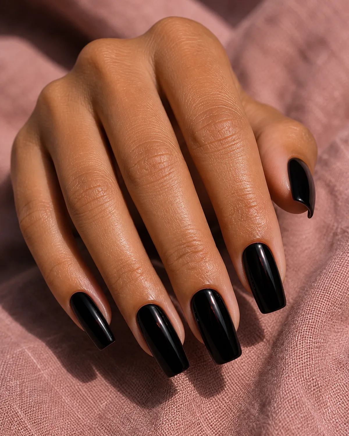 Black with subtle cherry-red undertone gloss on long square nails