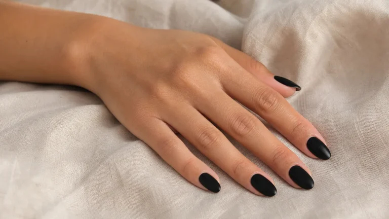 A hero close-up of medium almond nails in jet black cream lacquer covering the entire nail from cuticle to soft point, reading as a soft warm-neutral black, on medium skin resting flat with fingers spread on soft oat linen under soft daylight
