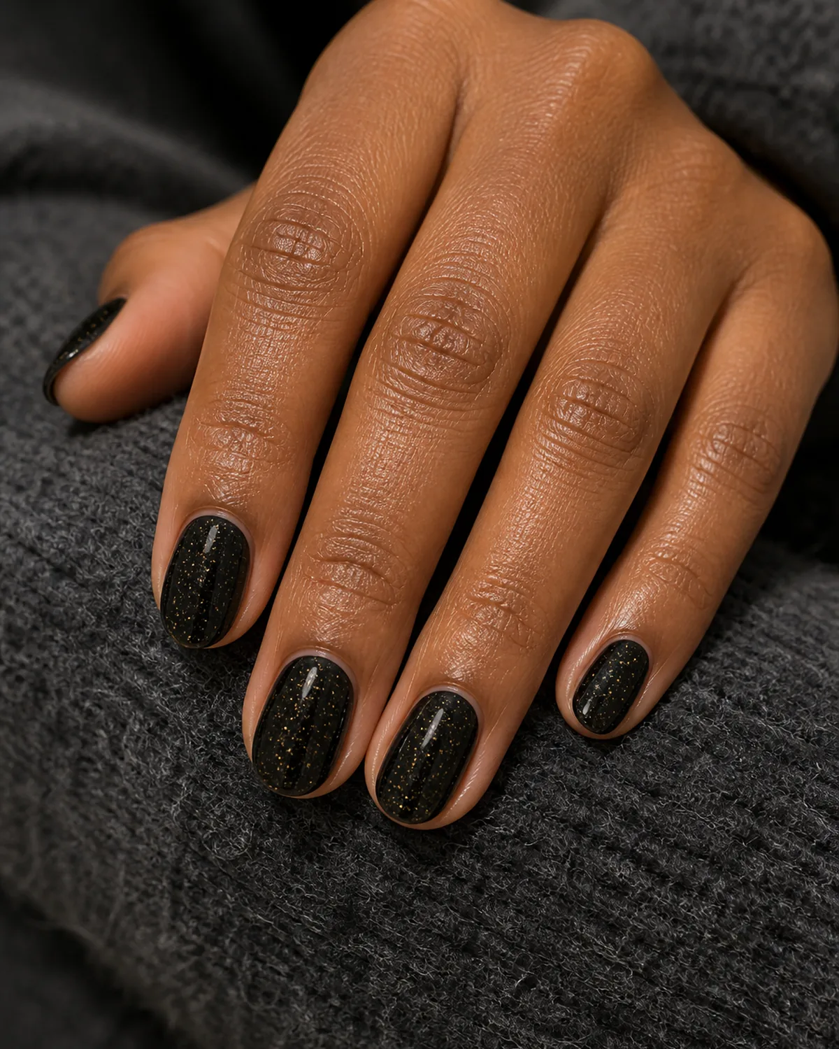 Black with micro gold fleck on short oval nails
