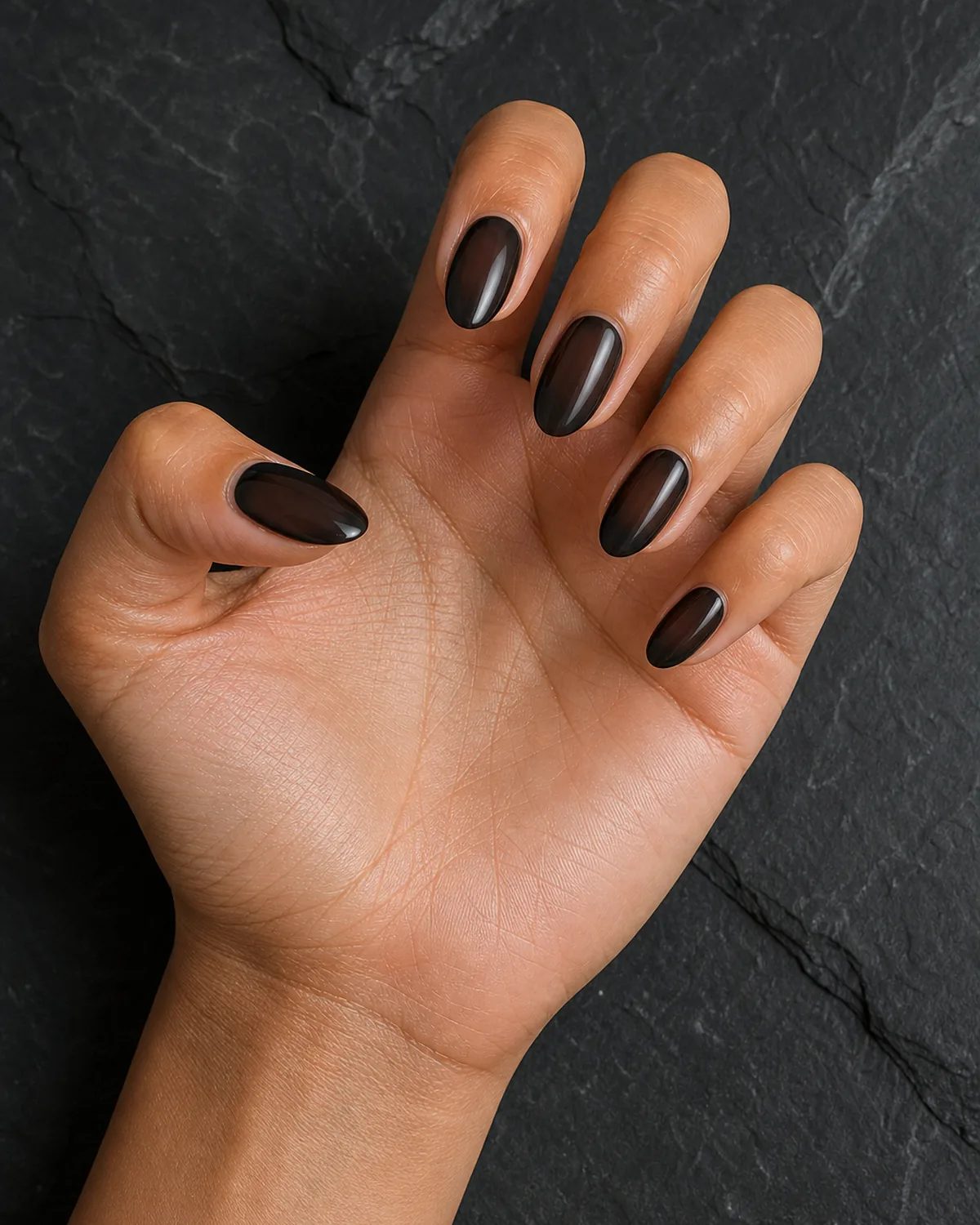 Smoky black jelly on short almond nails