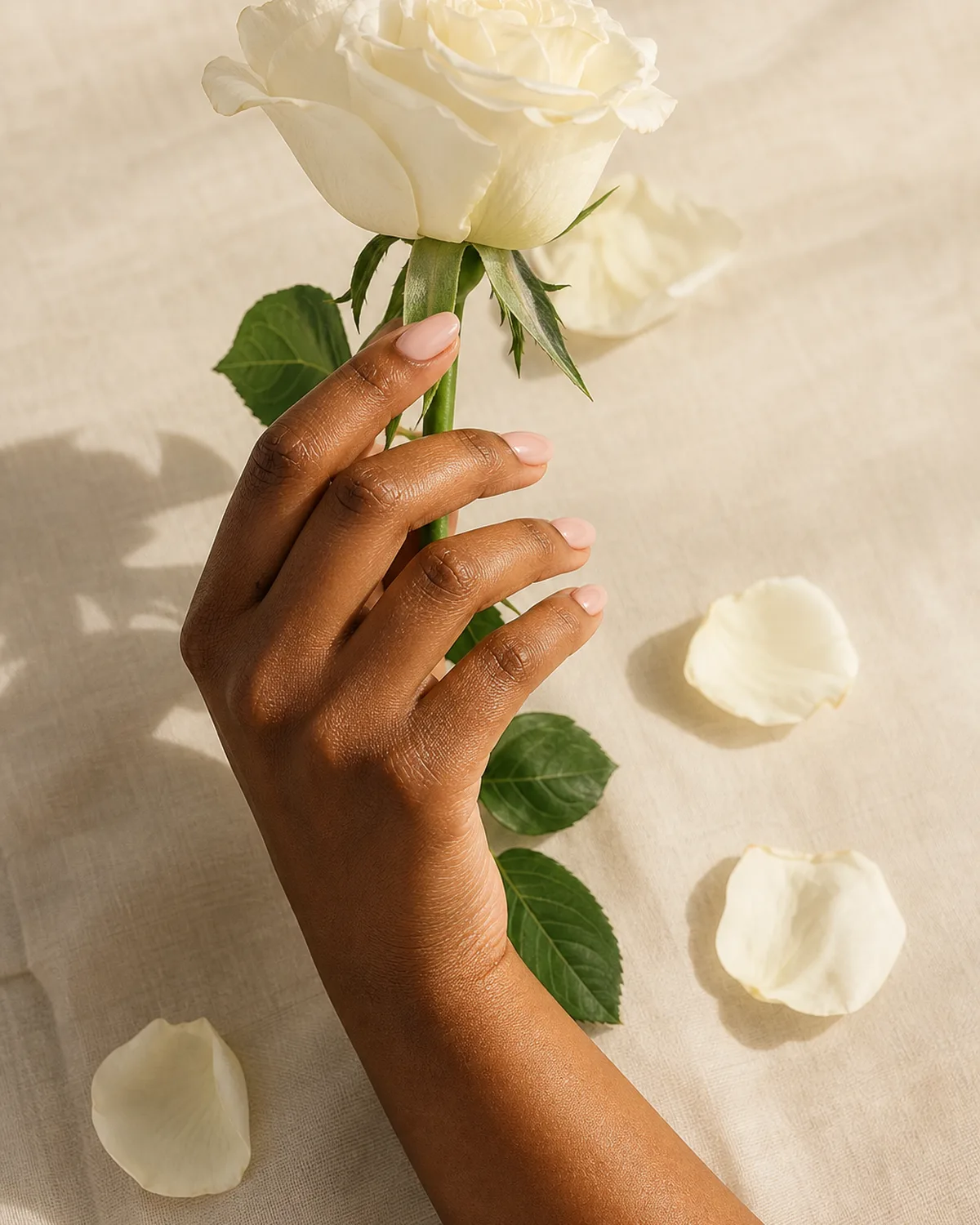 Single hand with soft blush pink gel bridal nails touching white garden roses on cream linen