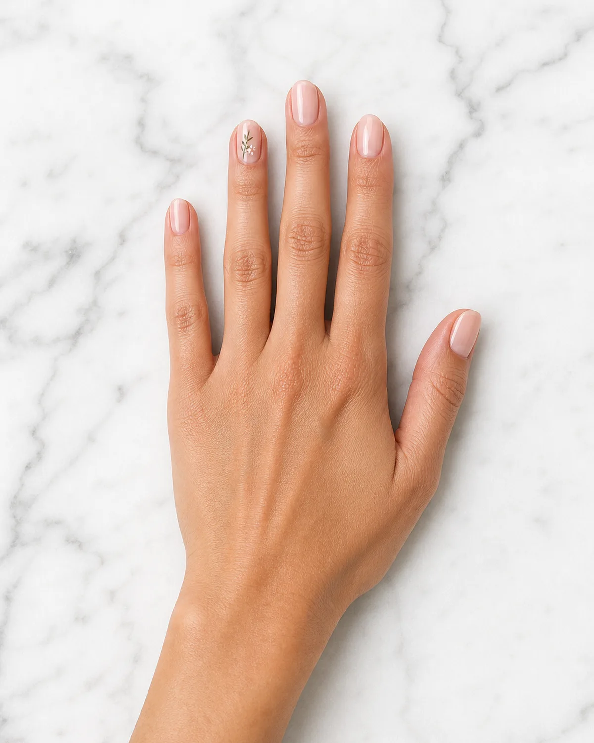 Single hand with sheer base bridal nails and hand-painted botanical vine accent on ring finger on white marble
