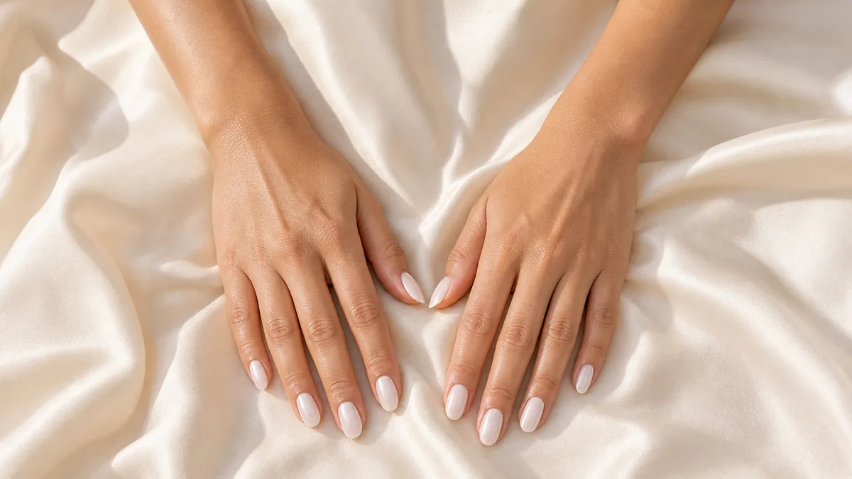 Both hands on ivory silk displaying medium oval bridal nails in milky white sheer gel with subtle shimmer