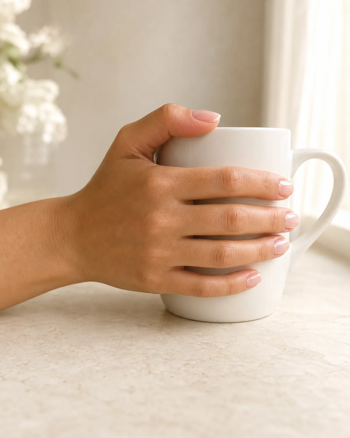 Single hand with hard gel overlay bridal nails in clear pink tint wrapping around white ceramic coffee mug