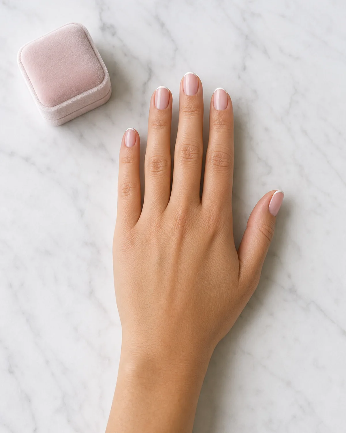 Single hand with micro French tip bridal nails on white marble next to velvet ring box