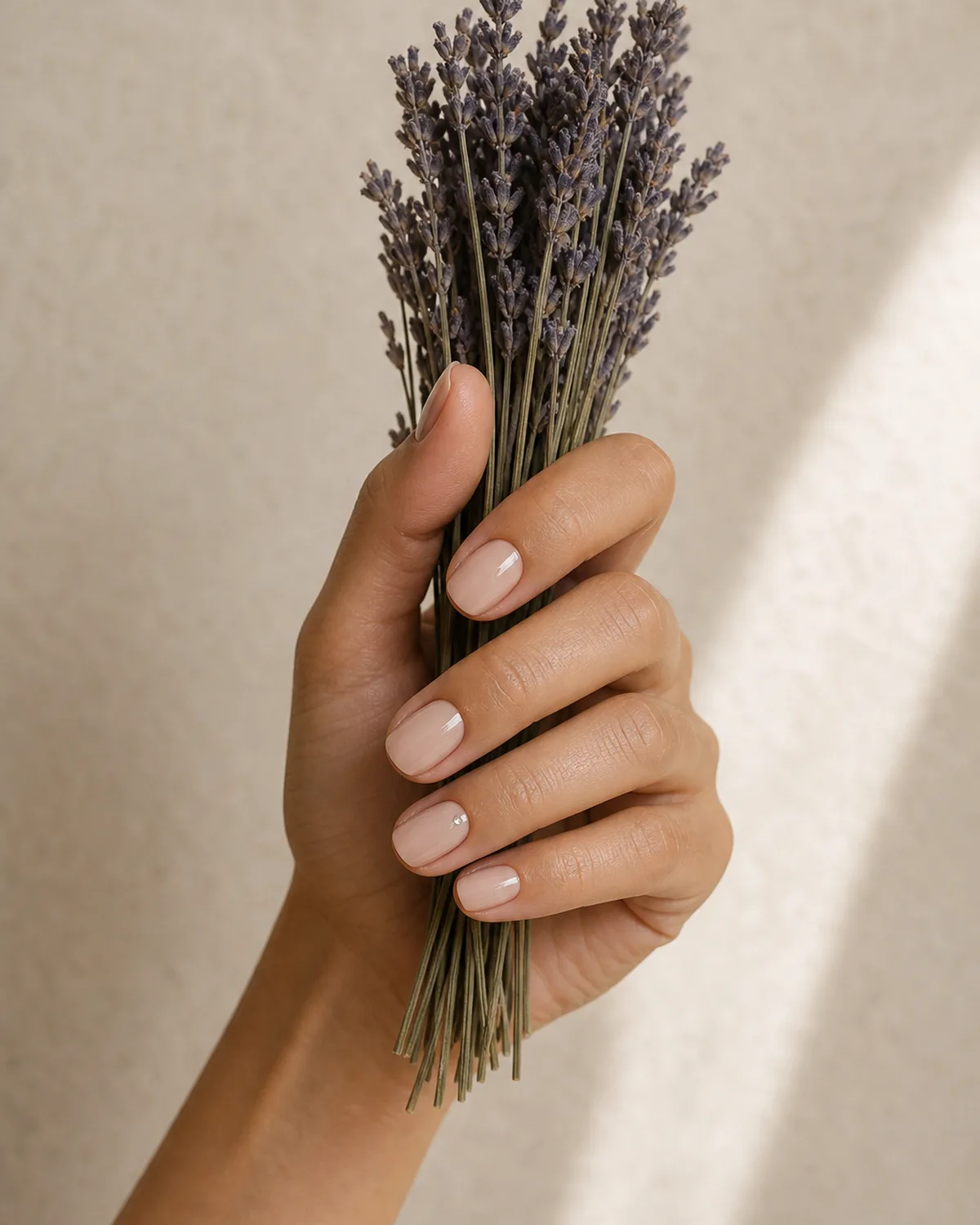 Single hand with nude gel bridal nails and micro-crystal accent holding dried lavender