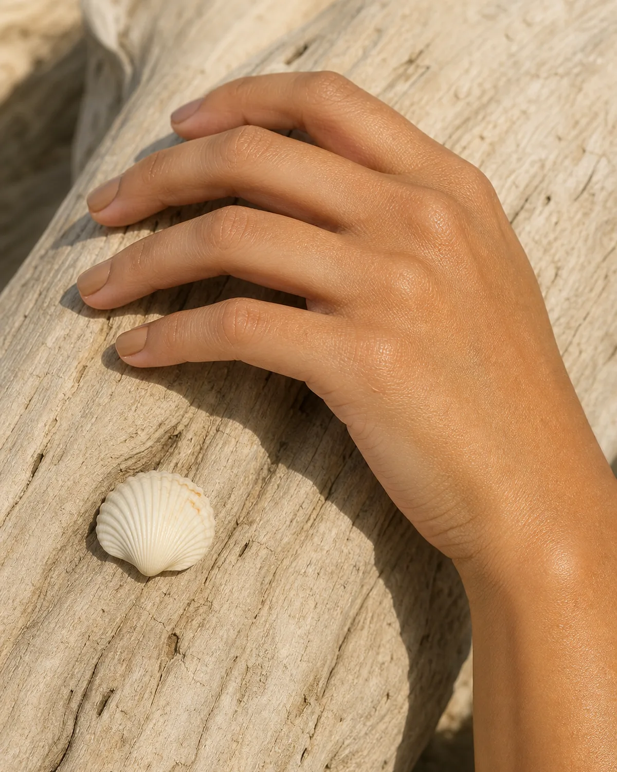 Single hand with warm sandy nude gel bridal nails resting on weathered driftwood with seashell