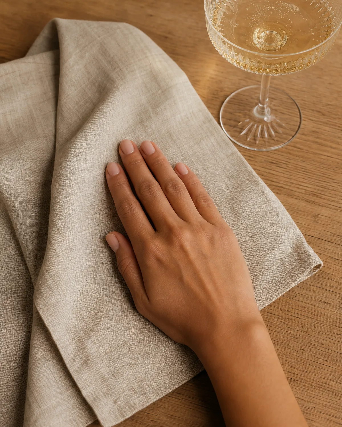 Single hand with sheer nude dip powder bridal nails resting on linen napkin next to champagne coupe