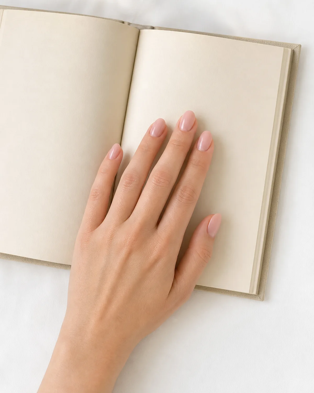 Single hand with sheer pink gel bridal nails in medium oval shape resting on open book