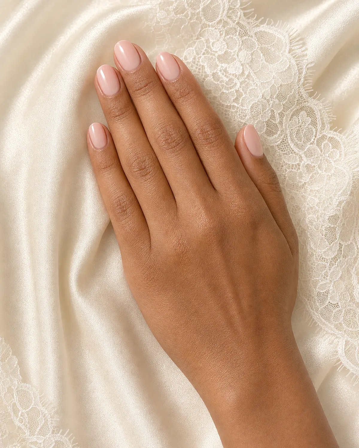 Single hand with signature nude-pink gel bridal nails on ivory satin with white lace trim