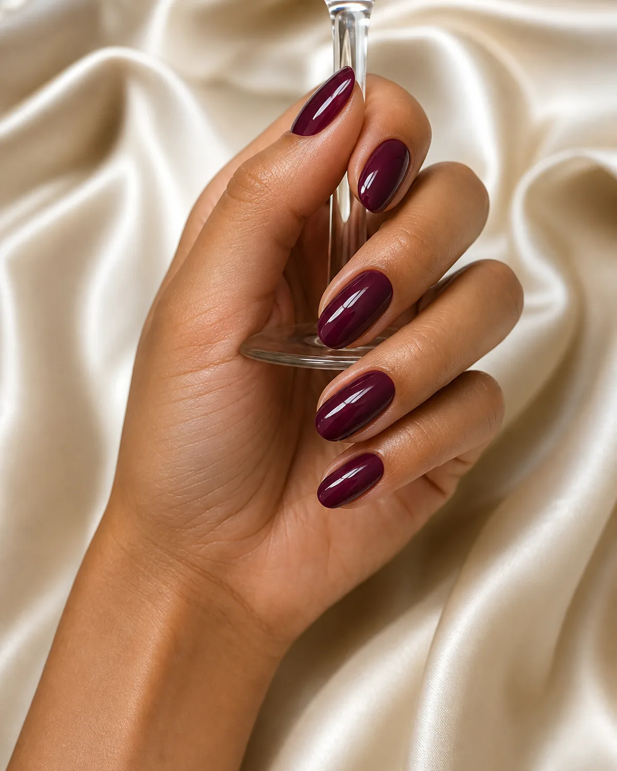 Close-up of oval nails in a bordeaux-leaning glossy cream burgundy, on tan skin holding a wine glass stem against champagne silk