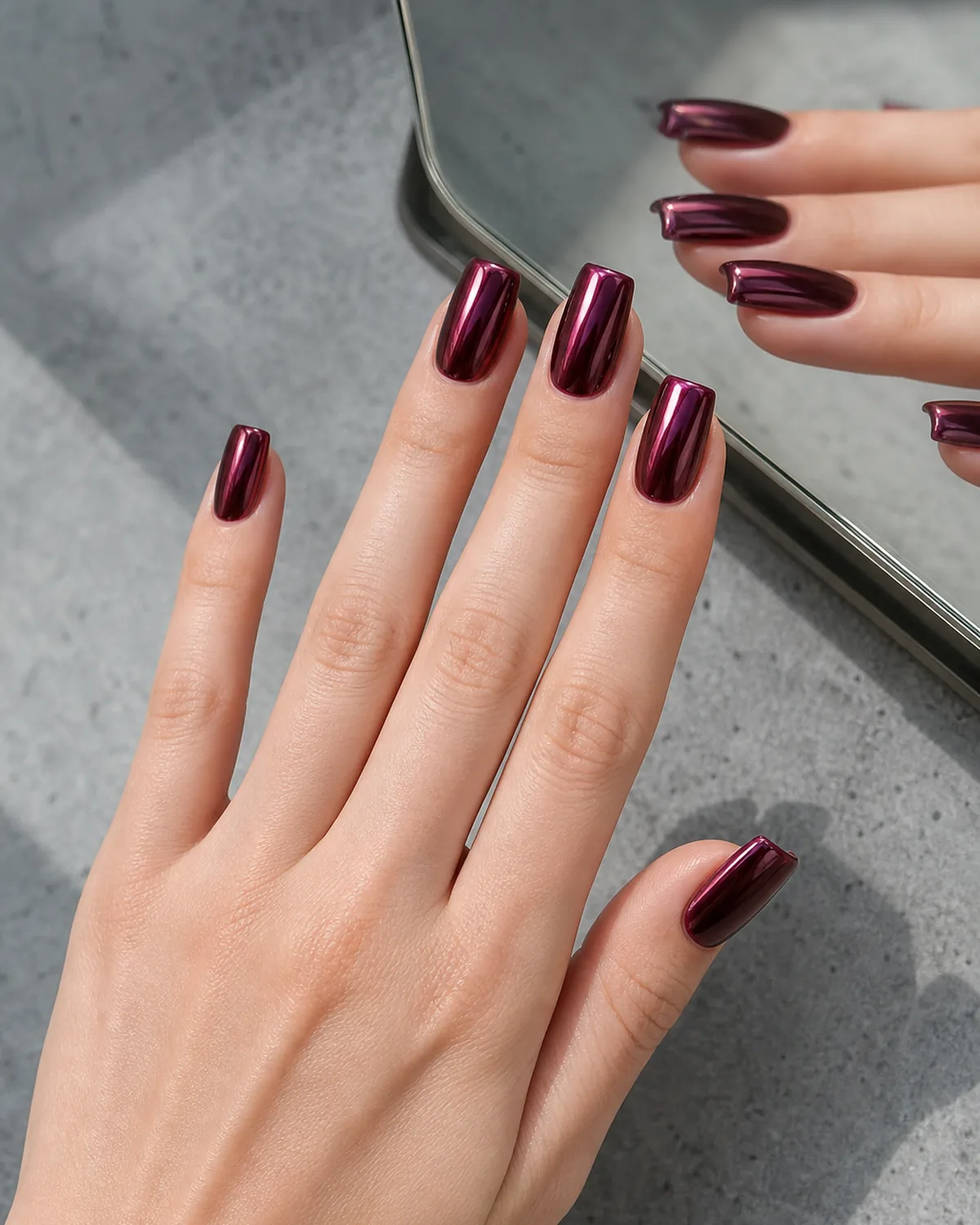 Close-up of square nails in a deep wine-toned burgundy with a mirrored chrome finish, on fair skin near a mirror edge on a grey stone surface