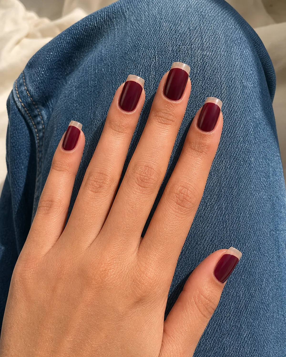 Close-up of medium square nails with wine-toned burgundy covering the base and the tip left bare, the French shape reversed, on light-medium skin resting on a denim knee
