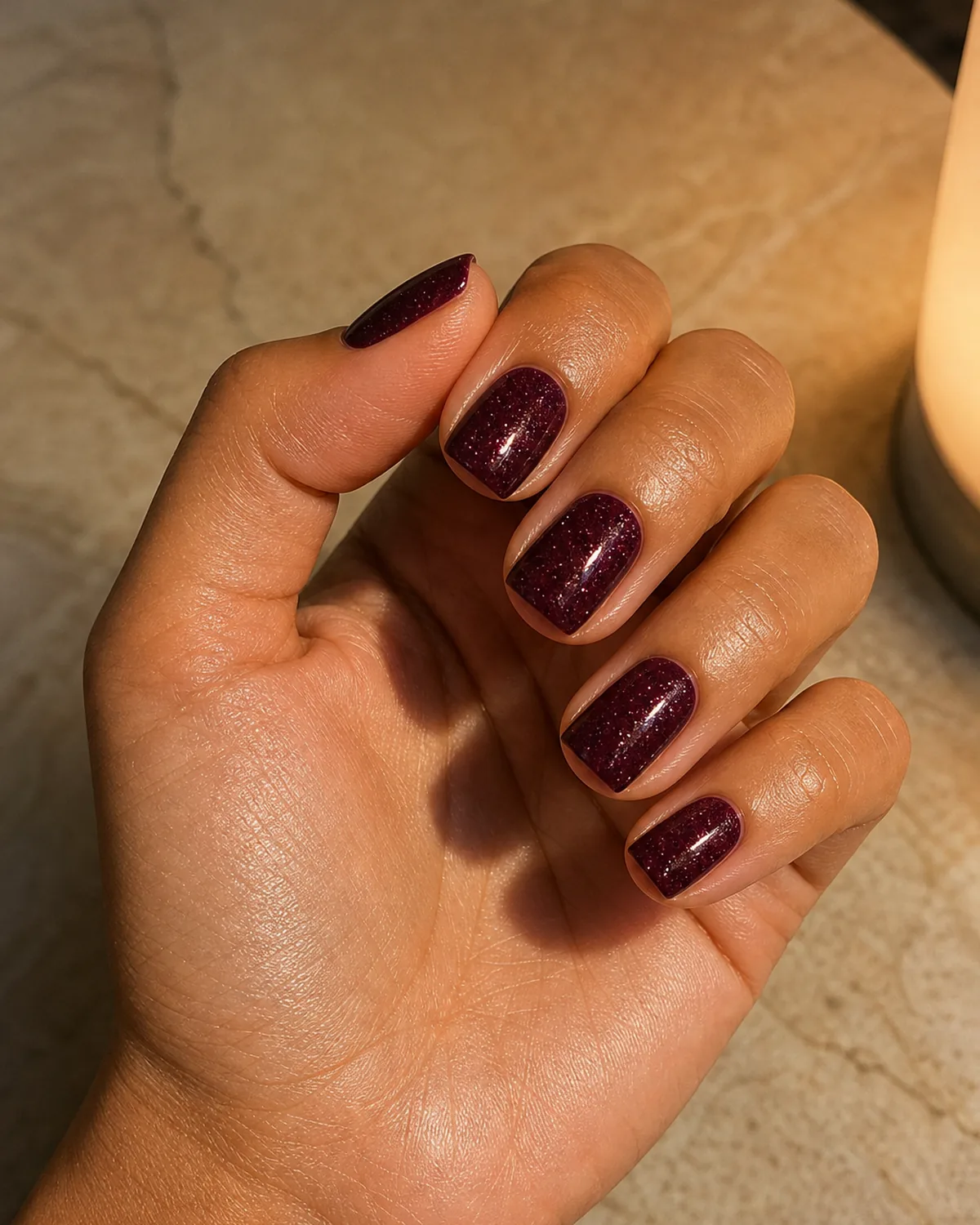 Close-up of short square nails in a deep wine burgundy with fine glitter flecks catching light, on tan skin tilted toward a lamp