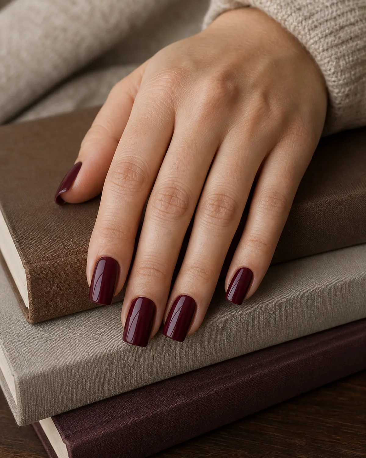 Close-up of square nails in a glossy merlot-toned burgundy sitting between red and brown, on medium skin resting on a stack of books near dark walnut wood