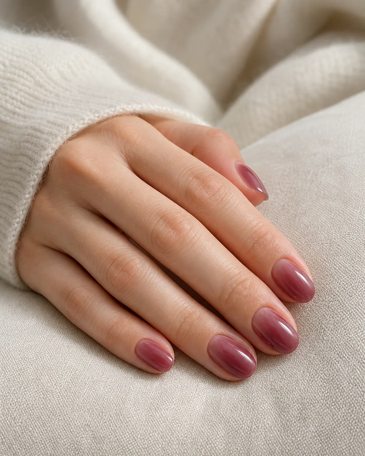 Close-up of oval nails in a sheer, thinned-down lighter burgundy wash, on light skin resting sideways on a pale cushion