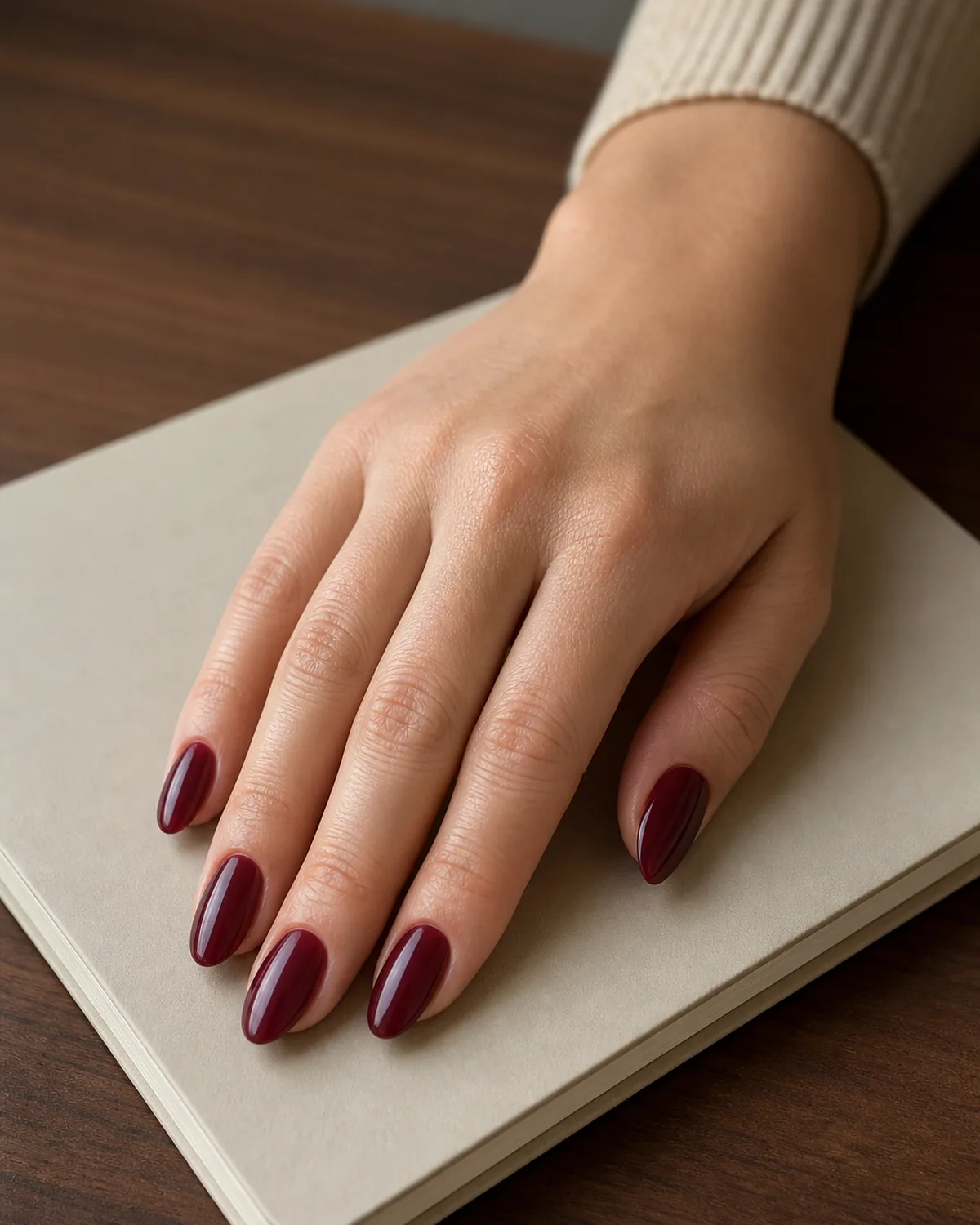 Close-up of medium almond nails in a buildable true burgundy, on medium skin resting on a desk notebook near warm walnut wood