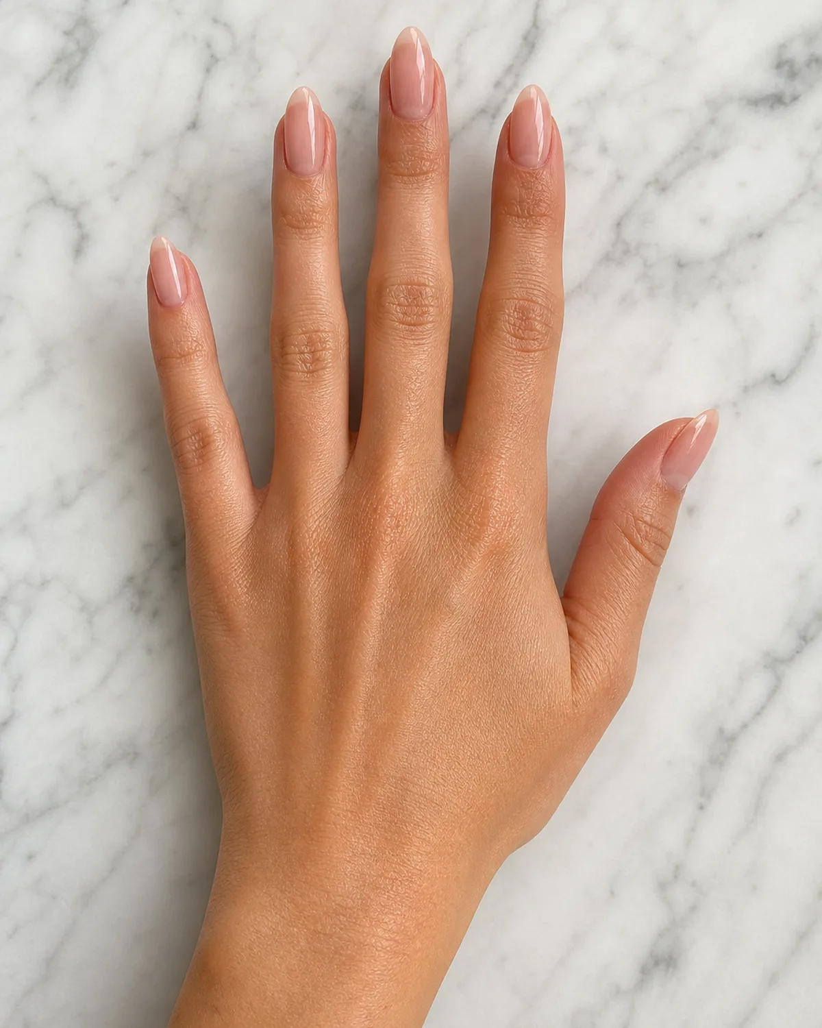 Nude pink on perfectly filed medium almond nails showing C-curve, overhead on white marble