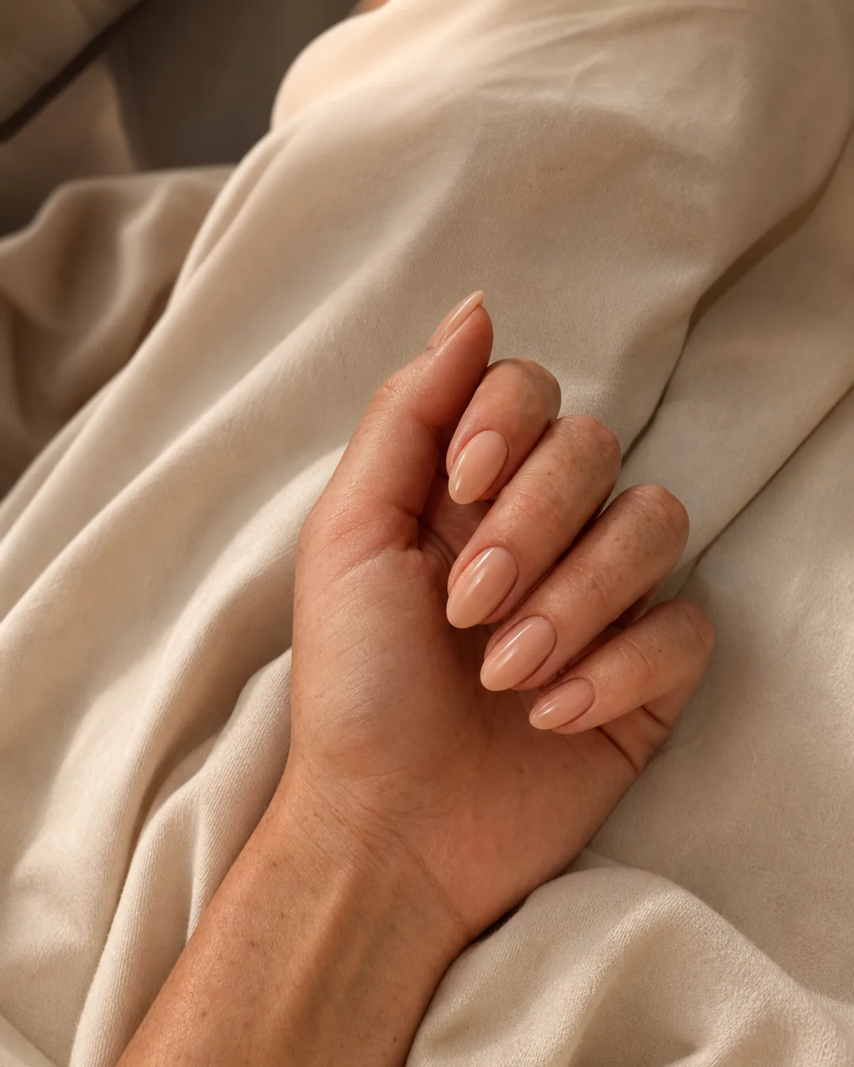 Warm peachy nude gloss on medium almond nails, hand relaxed in lap with golden-hour light