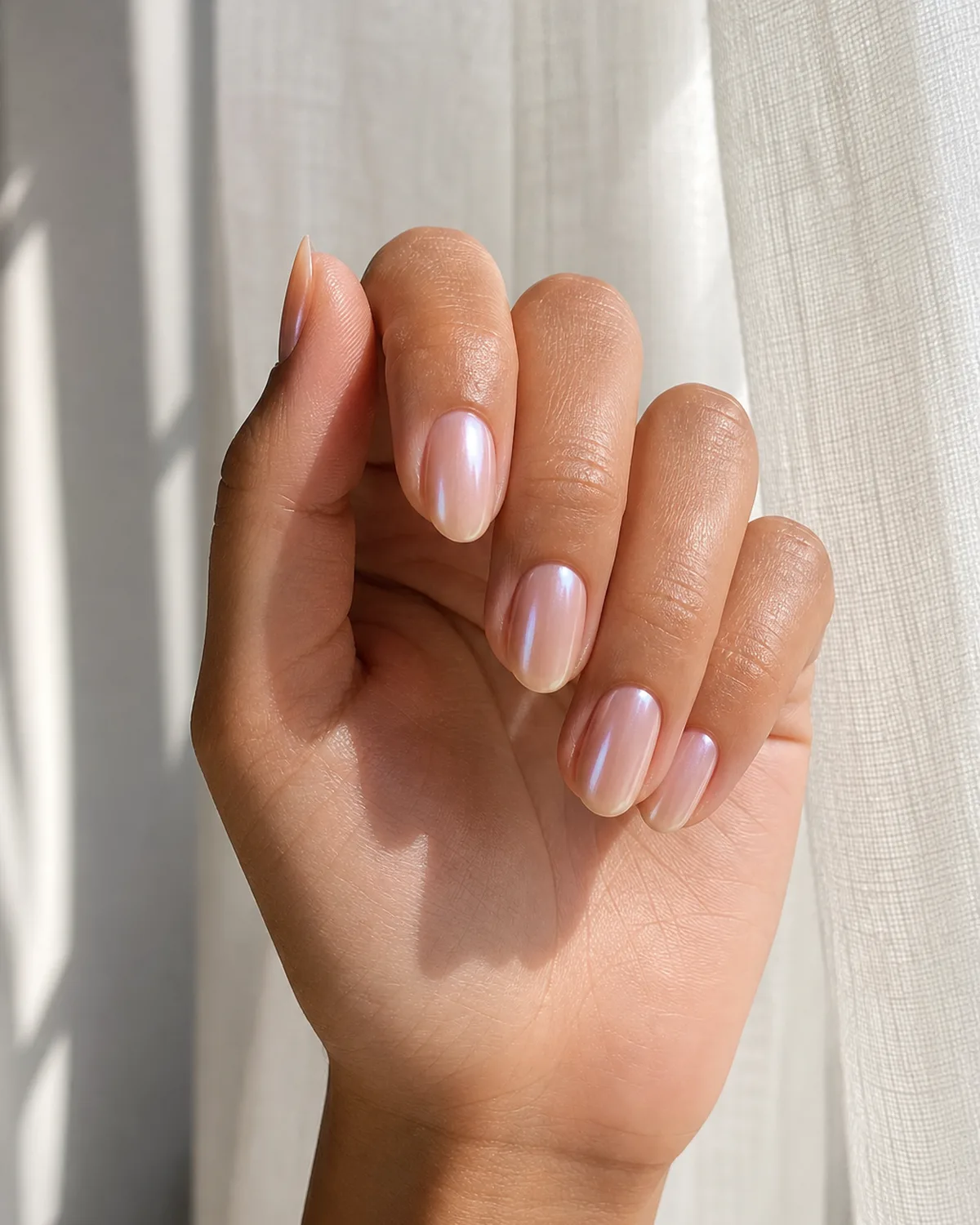 Pearlescent glazed finish on short almond nails catching window light, backlit through sheer curtain