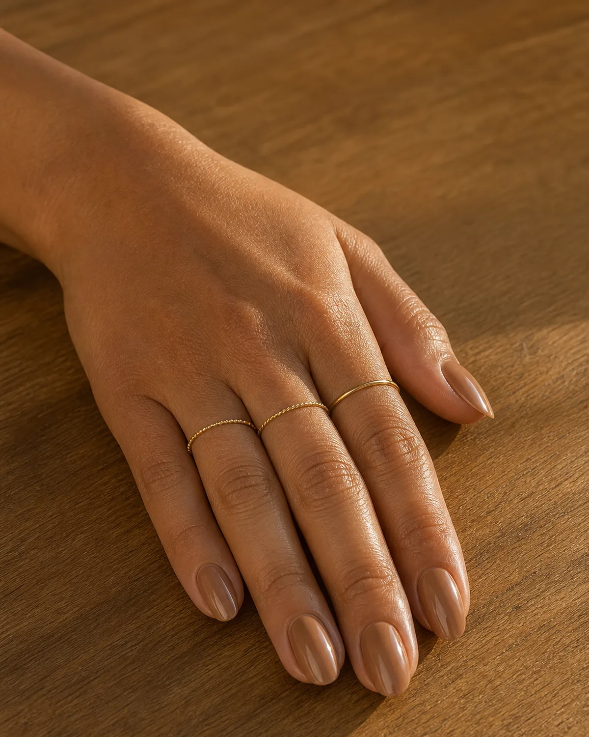Warm nude on medium oval nails with thin gold stacking rings, hand flat on warm honey wood table